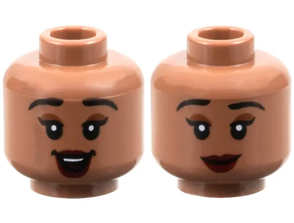 Medium Brown Minifigure, Head Dual Sided Female Black Eyebrows, Reddish Brown Eye Shadow, Dark Red L