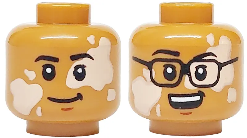 Medium Nougat Minifigure, Head Dual Sided Black Eyebrows, Light Nougat Vitiligo, No Glasses, Grin / 