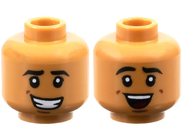 Medium Nougat Minifigure, Head Dual Sided Black Eyebrows, Reddish Brown Dimples, Lopsided Open Mouth
