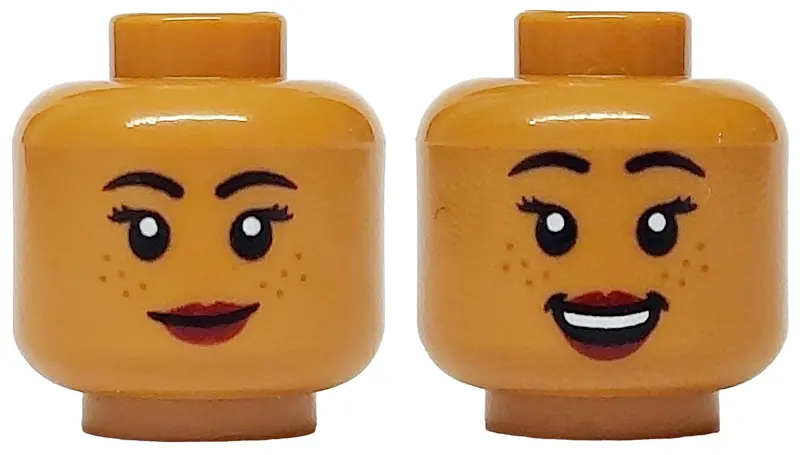 Medium Nougat Minifigure, Head Dual Sided Female Black Eyebrows and Eyelashes, Medium Nougat Freckle