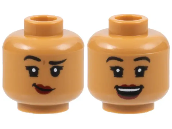 Medium Nougat Minifigure, Head Dual Sided Female, Black Eyebrows, Dark Red Lips, Lopsided Grin with 