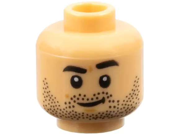 Medium Tan Minifigure, Head Black Eyebrows and Beard Stubble with Smirk and Chin Dimple Pattern