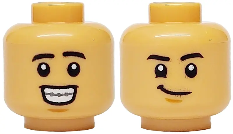Medium Tan Minifigure, Head Dual Sided Black Eyebrows, Open Mouth Grin with Teeth and Braces / Smirk