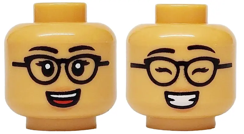 Medium Tan Minifigure, Head Dual Sided Female Black Eyebrows, Eyelashes and Glasses, Open Mouth Grin
