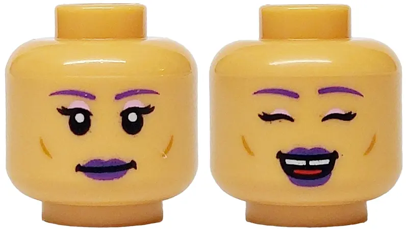 Medium Tan Minifigure, Head Dual Sided Female Dark Purple Eyebrows and Lips, Black Eyelashes, Bright