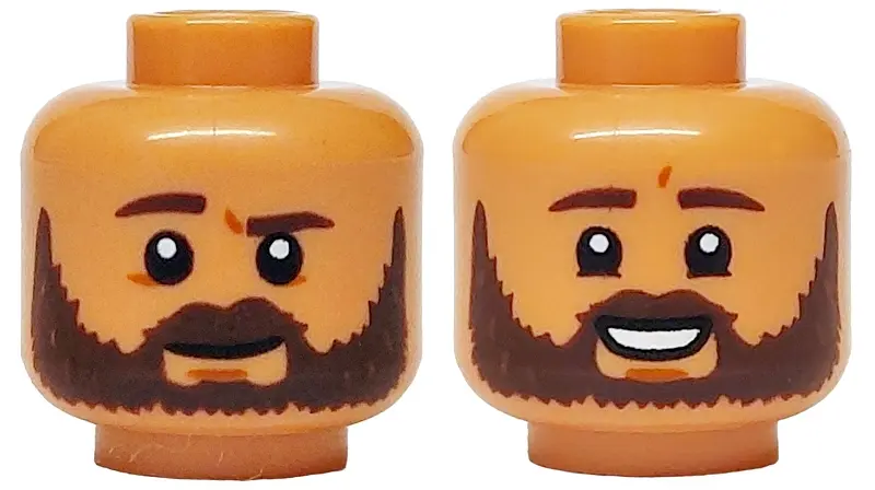Nougat Minifigure, Head Dual Sided Dark Brown Eyebrows and Beard, Neutral / Open Mouth Smile with Te