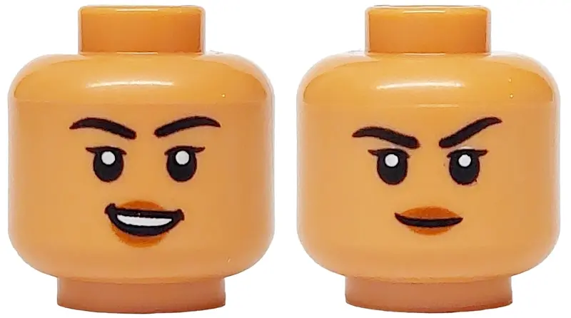 Nougat Minifigure, Head Dual Sided Female Black Eyebrows and Eyelashes, Dark Orange Lips, Open Mouth