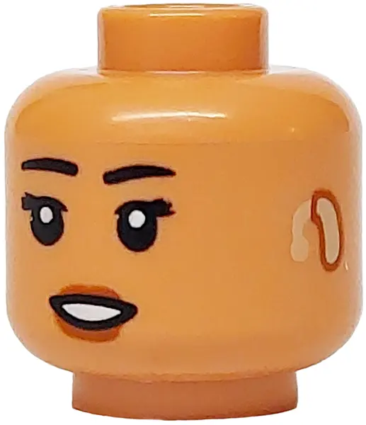 Nougat Minifigure, Head Female Black Eyebrows, Eyelashes, Dark Orange Lips, Tan Hearing Aid on Left,