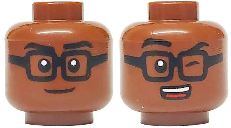 Reddish Brown Minifigure, Head Dual Sided Black Eyebrows and Square Glasses, Closed Mouth Smile / Wi