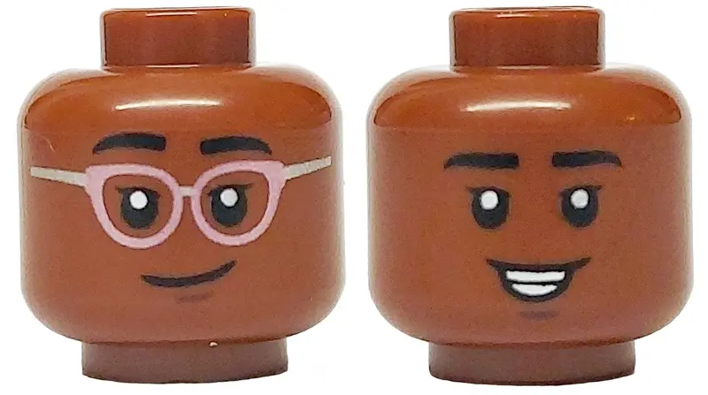 Reddish Brown Minifigure, Head Dual Sided Female Black Eyebrows and Eyelashes, Metallic Pink and Sil