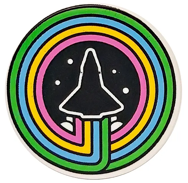 White Tile, Round 2 x 2 with Bottom Stud Holder with Space Shuttle, Smoke and Dots on Back Backgroun