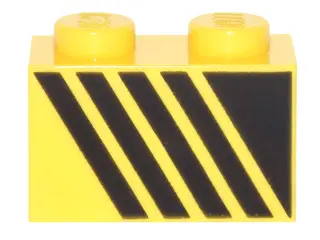 Yellow Brick 1 x 2 with Black Triangle and 4 Stripes Leaning Left Pattern