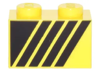 Yellow Brick 1 x 2 with Black Triangle and 4 Stripes Leaning Right Pattern