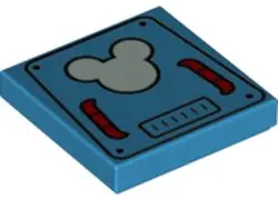 Dark Azure Tile 2 x 2 with Bright Light Blue Mickey Mouse Logo on Hatch with Red Handles Pattern