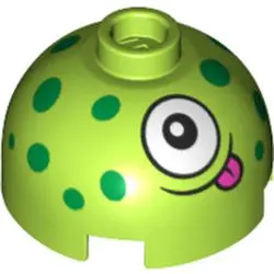 Lime Brick, Round 2 x 2 Dome Top with Green Dots, White Eye and Dark Pink Tongue Pattern