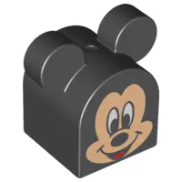 Black Duplo, Brick 2 x 2 x 2 Curved Top with Rounded Ears with Mickey Mouse Pattern