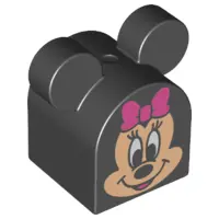 Black Duplo, Brick 2 x 2 x 2 Curved Top with Rounded Ears with Minnie Mouse Pattern