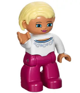 Duplo Figure Lego Ville, Female, Magenta Legs, White Sweater with Blue Pattern, Bright Light Yellow 
