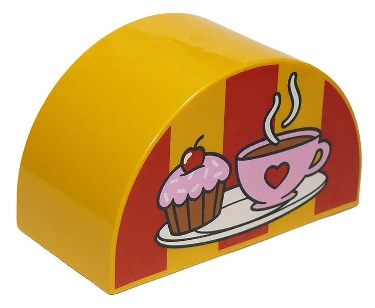 Bright Light Orange Duplo, Brick 2 x 4 x 2 Slope Curved Double with Coffee Cup with Heart and Cupcak