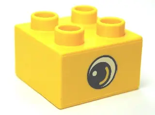 Yellow Duplo, Brick 2 x 2 with Eye, Small with White Spot and Curve Pattern on Opposite Sides