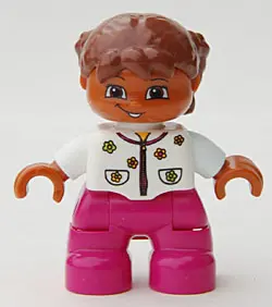 Duplo Figure Lego Ville, Child Girl, Magenta Legs, White Top with Flowers, Reddish Brown Hair with B