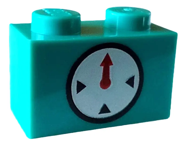 Dark Turquoise Brick 1 x 2 with Timer Black Circle and Indicators with Red Hand on White Background 