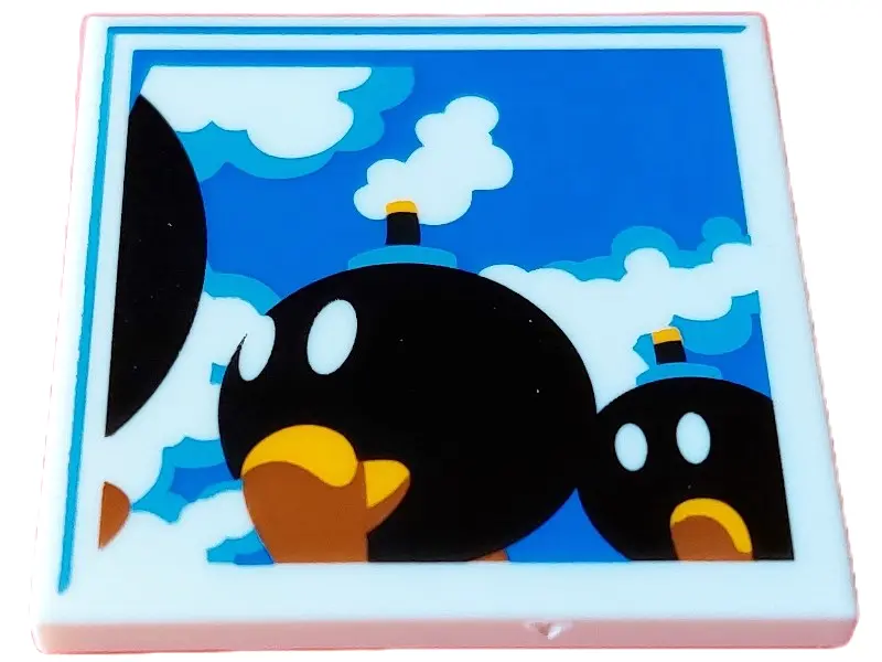 White Tile 4 x 4 with Black Bob-ombs on Blue Sky with Clouds Background Pattern