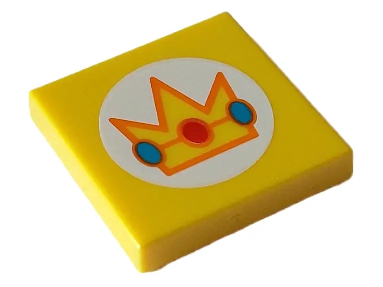 Yellow Tile 2 x 2 with Crown with Red and Dark Turquoise Jewels and Orange Edges in White Circle Pat