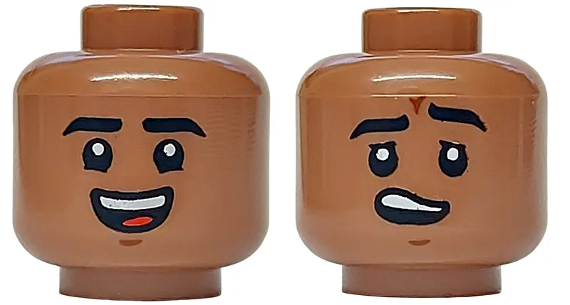 Medium Brown Minifigure, Head Dual Sided Black Eyebrows, Reddish Brown Chin Dimple, Open Mouth Smile