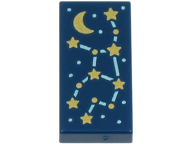 Dark Blue Tile 1 x 2 with Constellation with Metallic Light Blue Lines and Dots, Gold Stars and Cres