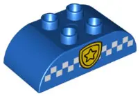 Blue Duplo, Brick 2 x 4 Slope Curved Double with White Checkered Stripe and Yellow Star Police Badge