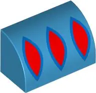 Dark Azure Slope, Curved 1 x 2 with Bottom Stud Holder with 3 Red Pointed Ovals with Blue Outline Pa