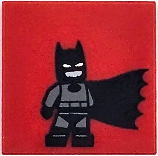 Red Tile 2 x 2 with Batman Minifigure with Dark Bluish Gray Suit and Black Cape Pattern
