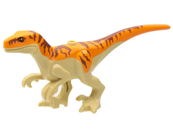 Tan Dinosaur Atrociraptor with Orange Back, Reddish Brown Stripes, and Bright Light Orange Eyes