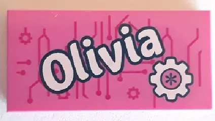 Dark Pink Tile 2 x 4 with 'Olivia' and Gear Pattern