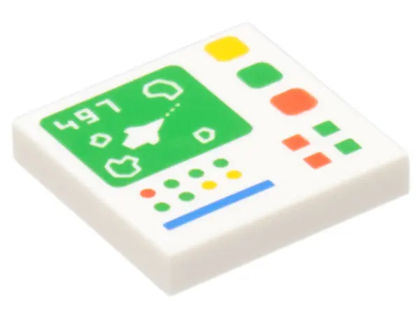 White Tile 2 x 2 with '497' and Galaxy Explorer on Control Screen and Red, Bright Green, Yellow and 