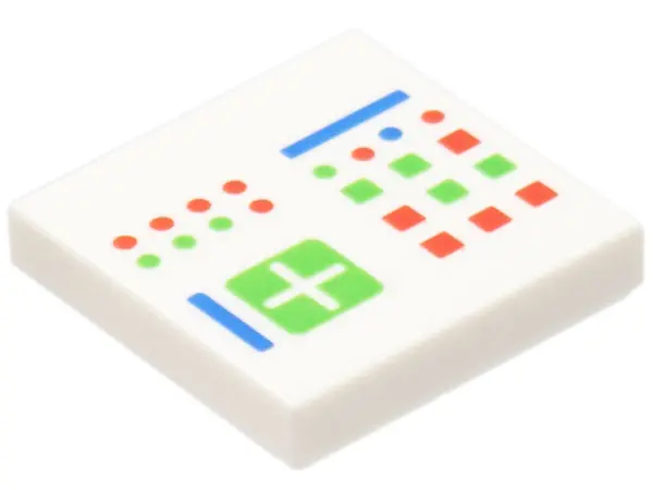 White Tile 2 x 2 with Computer Console with Crosspatch and Bright Green, Red and Blue Lights, Button