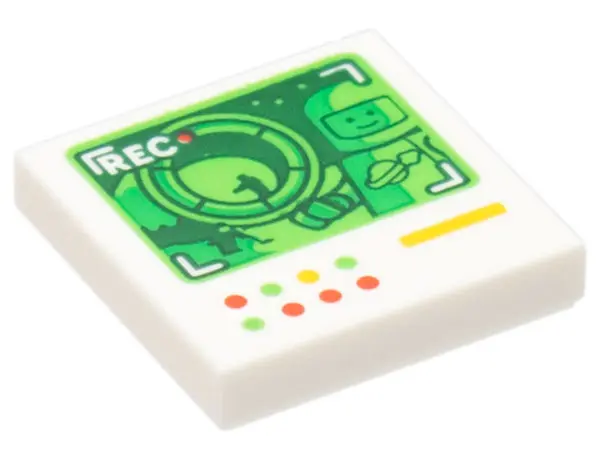 White Tile 2 x 2 with Dark Green Screen with 'REC' and Classic Space Minifigure, and Red, Bright Gre