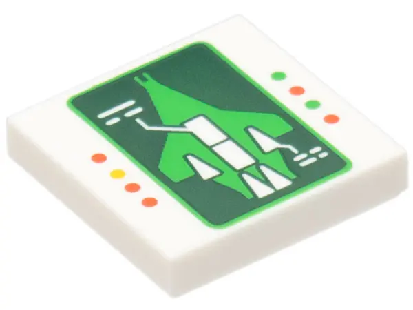 White Tile 2 x 2 with Galaxy Explorer on Dark Green Diagnostic Screen and Red, Bright Green and Yell