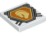 White Tile 2 x 2 with Bright Light Yellow Horse Head on Orange Hexagonal Shield with Silver Border P