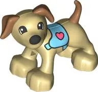 Tan Duplo Dog with Black Eyes and Nose, Medium Nougat Ears and Tail, Medium Azure Harness with Coral