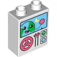 White Duplo, Brick 1 x 2 x 2 with Earth with Face, Yellow Moon, Coral Circle and Steering Wheel, Thr