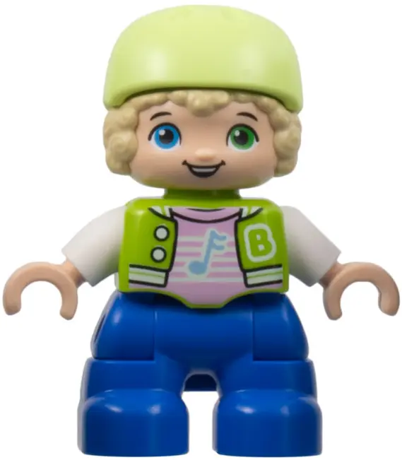 Duplo Figure Lego Ville, Child Boy, Blue Legs, Lime Jacket with White Sleeves, Bright Pink Shirt, Ye