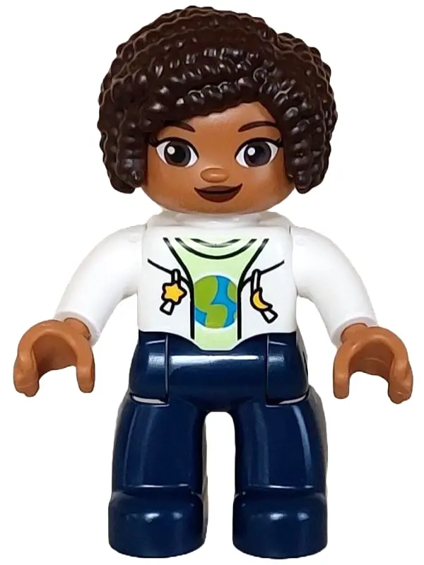 Duplo Figure Lego Ville, Female, Dark Blue Legs, White Vest with Star and Moon Fasteners Pattern, Ye