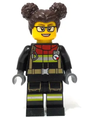 Fire - Female, Black Jacket and Legs with Reflective Stripes and Red Collar, Dark Brown Hair with Bu