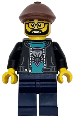 Race Truck Driver - Male, Black Jacket over Dark Turquoise Shirt with Hawk Head Logo, Dark Blue Legs