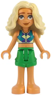 Sage - Dark Turquoise, Yellowish Green and Dark Purple Sleeveless Top, Bright Green Shorts, Bare Fee