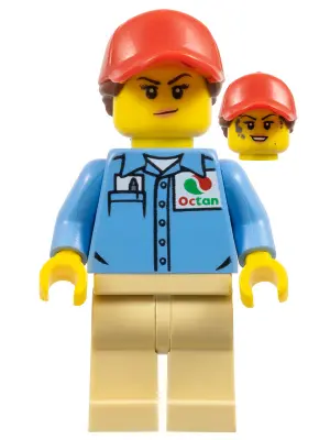 Ground Crew - Female, Medium Blue Shirt with 'Octan' Logo, Tan Legs, Red Ball Cap with Reddish Brown