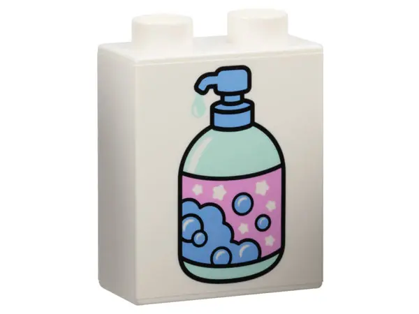 White Duplo, Brick 1 x 2 x 2 with Medium Blue, Light Aqua, and Dark Pink Liquid Soap Pump with Bubbl