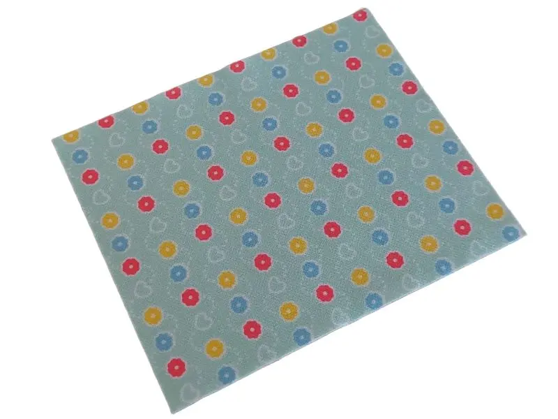 White Duplo, Cloth Blanket 8 x 10 cm with Coral, Medium Blue and Yellow Flowers and Hearts Pattern